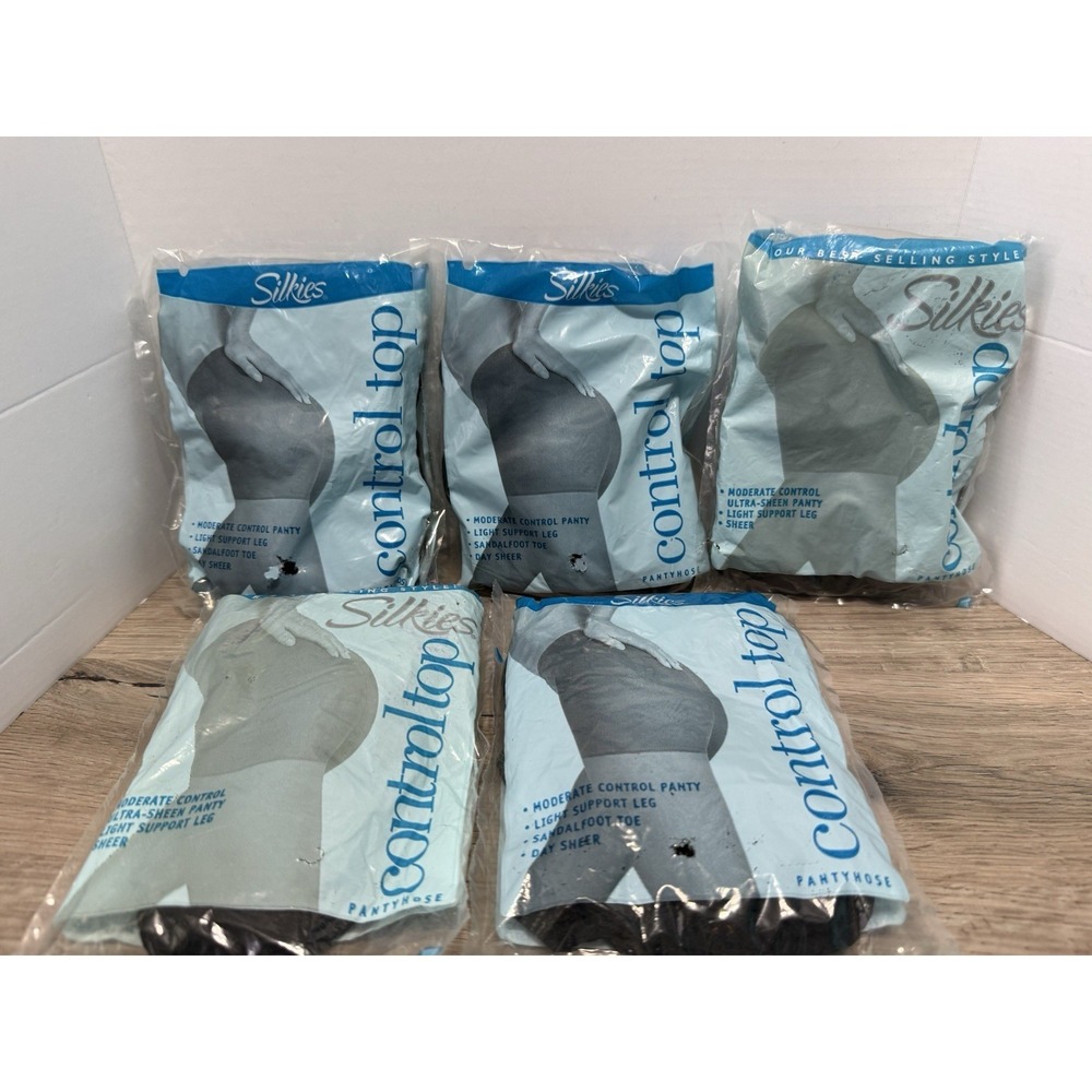 Lot Of 5 Silkies Control Top PantyHose 070508 Queen XL JET BLACKβ Stockings NEW